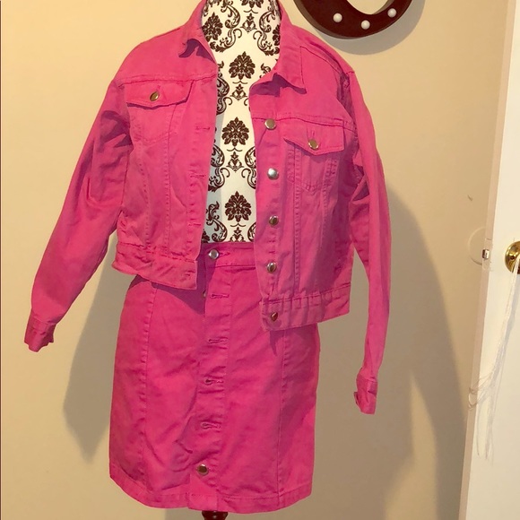 pink denim jacket and skirt set